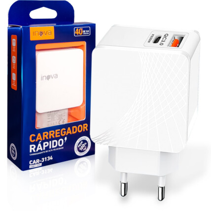 Carregador TURBO QC 3.0 40W Porta USB + USB C INOVA - CAR-3134