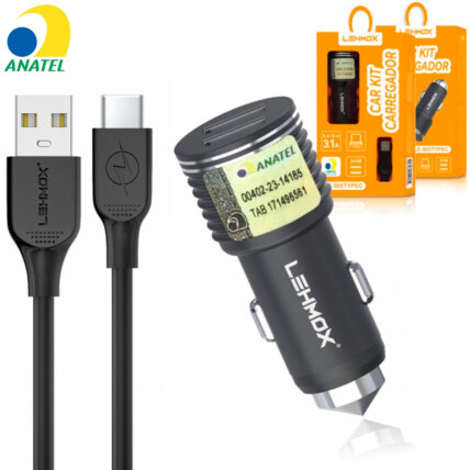 Carregador Veicular 3.1A 2 Portas USB e Cabo Type-C LEHMOX - LE-505TYPE-C