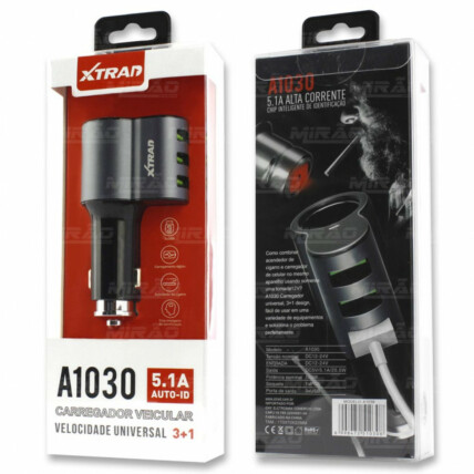 Carregador Veicular de 3 USB 5.1a com Acendedor de Cigarro Xtrad - A1030