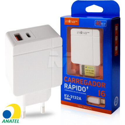 Carregador Celular PD Entrada Usb + Type-C QC 3.0 com Cabo Lightning INOVA - KV-3132 A
