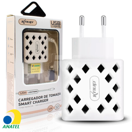 Carregador de Celular 3.1A Smart Anatel 2 Portas Usb e Cabo IOS Lightning Knup - KP-IC016