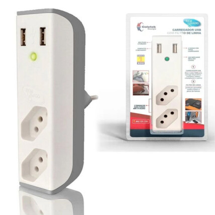 Filtro de Linha com Carregador USB C3TECH USB 2,1A + Filtro Bem Ligado Branco - FL-USB21GWH