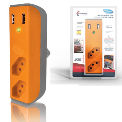 Filtro de Linha com Carregador USB 2,1A Bem Ligado - LARANJA