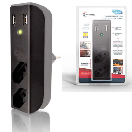 Filtro de Linha com Carregador USB C3TECH USB 2,1A + Filtro Bem Ligado Preto - FL-USB21GBK