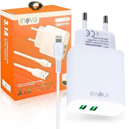 Carregador de Celular 3.1A 2 Portas Usb e Cabo Lightning INOVA - CAR-3117A