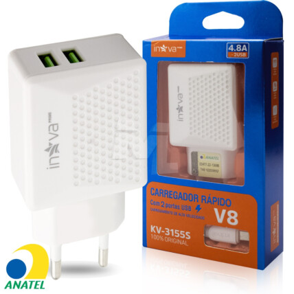 Carregador 2 Entradas Usb com Cabo V8 com Anatel - KV-3155 S