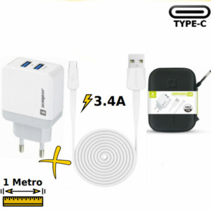 Carregador com 2 Entradas Usb 3.4A com Cabo para Type C e Estojo Sumexr - SX-18-C