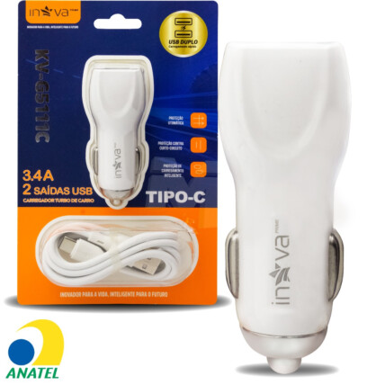 Carregador Veicular 3.4A 2 Usb + Cabo Type-C INOVA - KV-G5111C