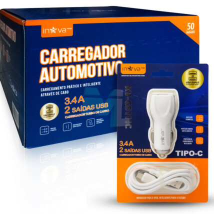 CAIXA FECHADA com 50 Unidades Carregador Veicular + Cabo Type-C INOVA - KV-G5111C