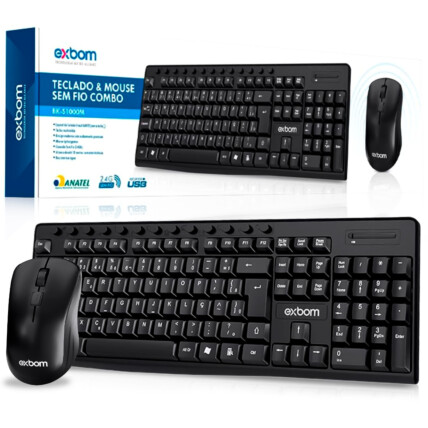 Teclado e Mouse Sem Fio 2.4GHz Multimídia ABNT II EXBOM - BK-S1000M