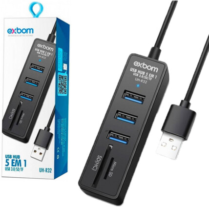 Hub Usb 3.0 5 em 1 com 3 portas Usb e 2 portas com Leitor para Sd Exbom - UH-R32