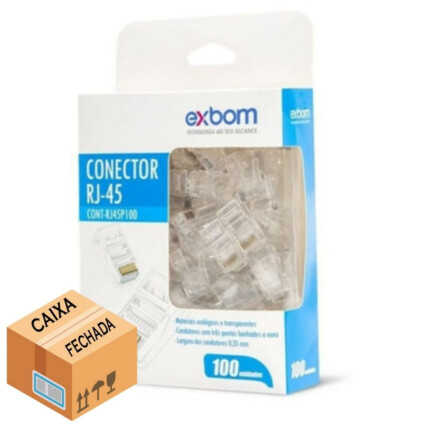 CAIXA FECHADA 100 Unidades Conector RJ45 cat5E Pacote com 100 EXBOM - CONT-RJ45P100