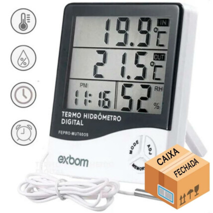 CAIXA FECHADA 50 Unidades Termometro Medidor de Umidade e Temperatura Com Sensor Externo EXBOM - FEPRO-MUT60OS