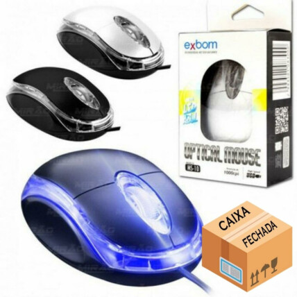 CAIXA FECHADA 200 Unidades Mouse Óptico Usb 1000DPI LED Azul EXBOM - MS-10
