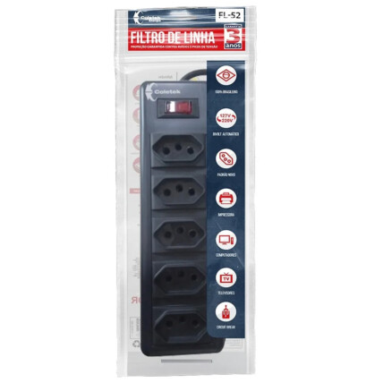 Extensão Filtro de Linha 5 Tomadas C3Tech Bivolt 10A - FL-52BK