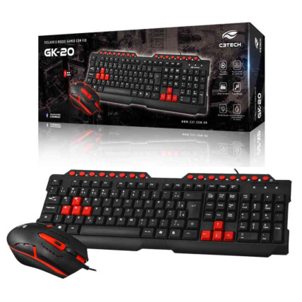 Kit Teclado e Mouse C3Tech com fio Preto e Vermelho ABNT2 1200DPI - GK-20BK