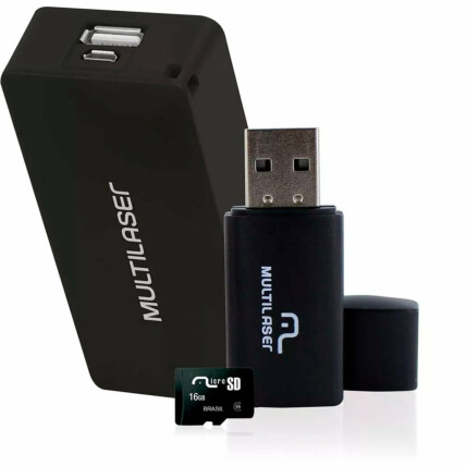 Kit Power Bank 4000 mAh + Leitor de Cartão + Cartão De Memória Micro SD Classe 10 16GB Preto Multilaser - MC220
