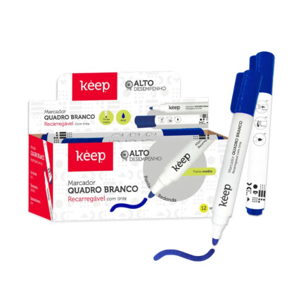 Pincel Marcador de Quadro Branco Recarregável Tinta Azul Caixa c/ 12un Multilaser Keep - MR036
