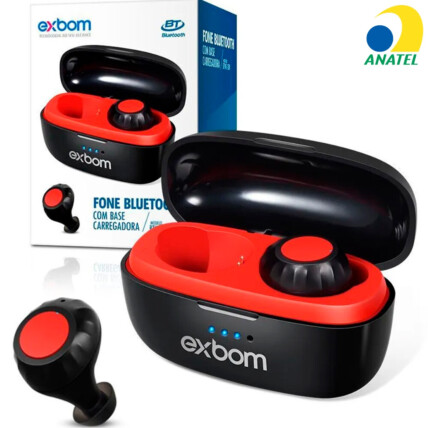 Fone de Ouvido Bluetooth 5.0 Intra-auricular Tws Preto e Vermelho EXBOM - BTWS-S30