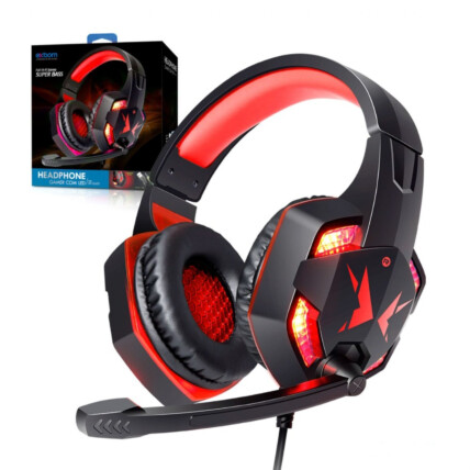 Headfone Gamer USB com Microfone LED Iluminação Vermelho EXBOM - HF-G600