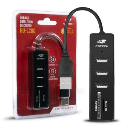 Hub USB 2.0 com 3 Portas e Leitor de Cartões C3TECH - HU-L200BK