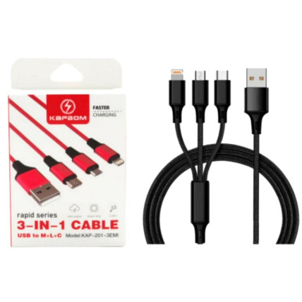 Cabo Carregador 3 em 1 Usb V8 / Tipo C / IOS Lightning em Nylon - KAP-201-3EM1