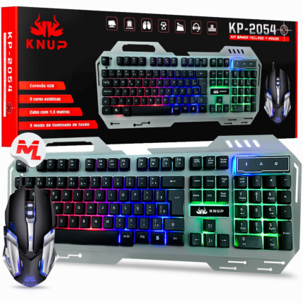 Kit Teclado e Mouse Gamer USB com Led RGB e Suporte para Celular KNUP - KP-2054