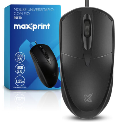 Mouse Com Fio USB 2.0 Preto Universitario 1200 DPI MAXPRINT- 60000134