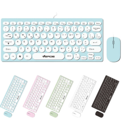 Kit Teclado e Mouse com Fio Usb Ultra Fino Teclas Redondas Macaron Verde - JP-08T