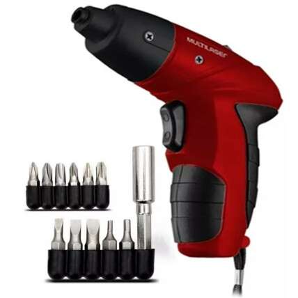 Parafusadeira Elétrica Bivolt com Led e Kit com 11 Bits 2 Sentidos de Giro Vermelho Multilaser - HO031