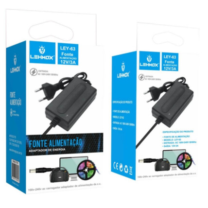 Fonte de Alimentação para Fita de LED Bivolt 12V 3A Lehmox - LEY-63