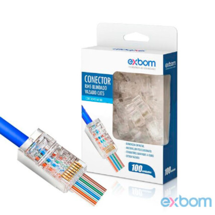 Conector blindado de rede EZ-RJ45 Vazado Cat5e EZ Crimp com 100 uni - EXBOM RJ45VM100