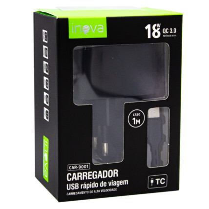Carregador de Celular Turbo 18W QC 3.0 com Cabo Type C INOVA - CAR-9001 TC