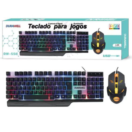 Kit Teclado e Mouse Led RGB ABNT2 2400 DPI à Prova d'água DURAWELL - DW-550