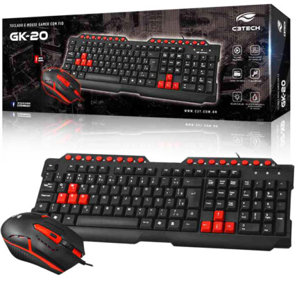 Kit Teclado e Mouse C3Tech Preto e Vermelho ABNT2 1200DPI - GK-20BK