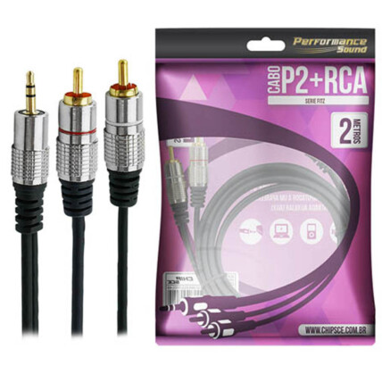 Cabo de Áudio Fitz P2 + 2RCA Estéreo Plug Metal 2 metros Chipsce - 018-0702