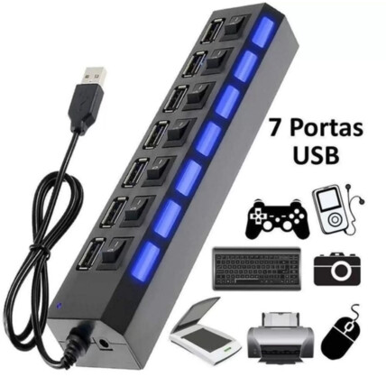 Hub 7 Portas Usb 2.0 com Switch e Led Indicador - 03768