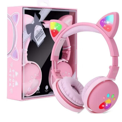Fone De Ouvido Bluetooth Orelha De Gato Rosa With Light - BK1
