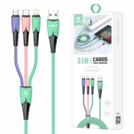 Cabo Carregador 3 em 1 iOS Lightning / Type C / V8 Android Sumexr - SX-B37
