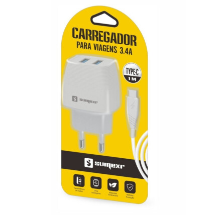 Kit Carregador 3.4A 2 Usb + Cabo Type-C 1m Sumexr - SX-F15-C