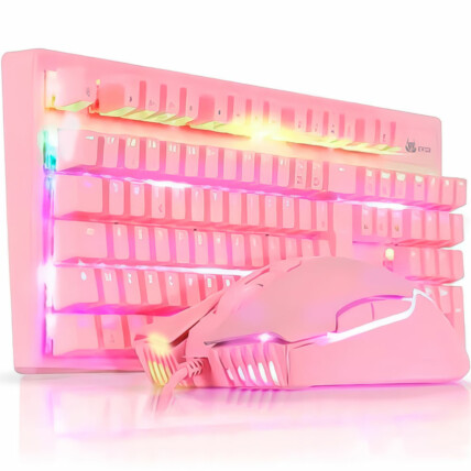 Teclado Mecânico e Mouse Gamer Rosa com Led Chroma KNUP - KP-TE111