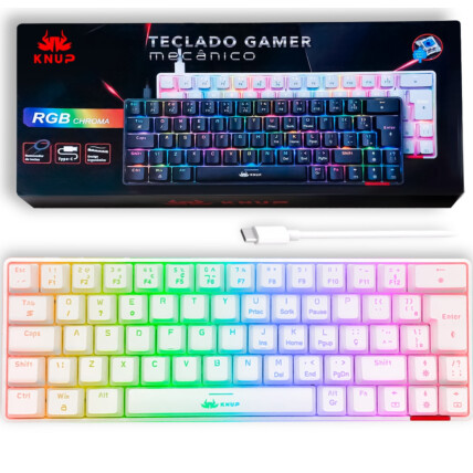 Teclado Mecânico Gamer Branco 60% Switch Blue com Led RGB KNUP - KP-TE100 
