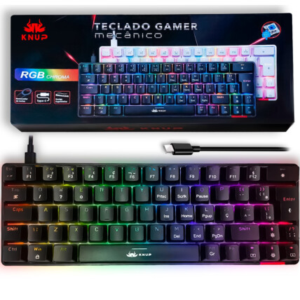 Teclado Mecânico Gamer Preto 60% Switch Blue com Led RGB KNUP - KP-TE100 