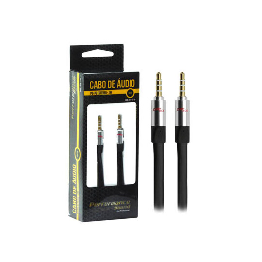 Cabo Auxiliar P2+P2 Premium Estéreo Flat Preto - 2 Metros Chipsce - 018-5770