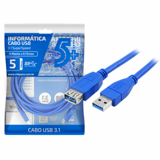 Cabo Usb 3.1 - Usb A Macho + Usb A Femea 3.1 - 5 Metros Azul Chipsce - 018-7724