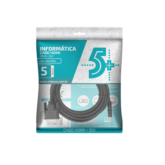 Cabo de Vídeo Dvi 24+1 + Hdmi Macho - Preto 5 Metros Chipsce - 018-8705