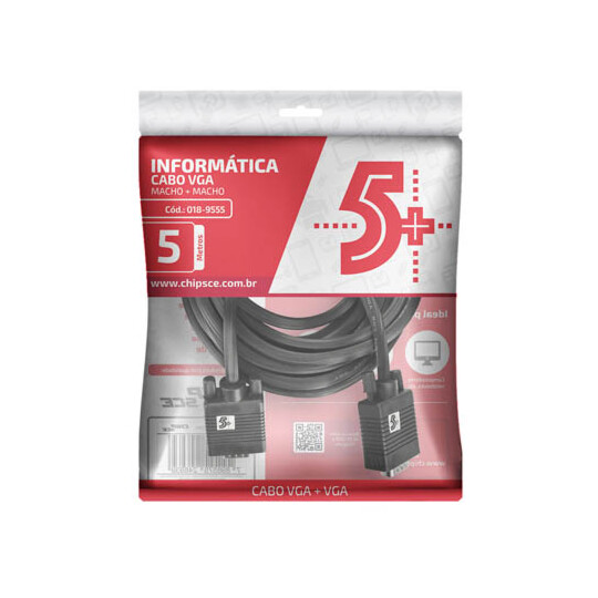 Cabo VGA com Filtro Preto 5 Metros Chipsce - 018-9555