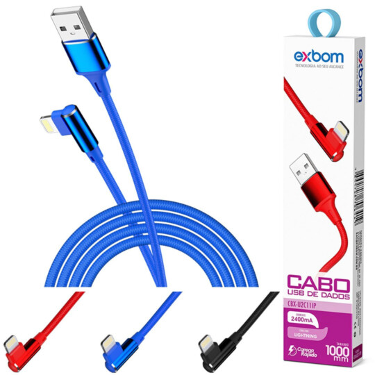 Cabo Lightning IOS 90° Curvo 2.4A 1 Metro Turbo para Dados e Carregamento 03805 EXBOM - CBX-U2C11IP