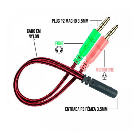 Cabo Adaptador P3 Fêmea x 2 P2 Macho para Fone e Microfone - KP-MPP02