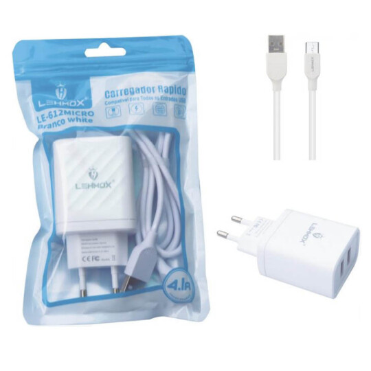 Kit Carregador 2 Usb 4.1A + Cabo V8 Micro Usb - LE-612 MICRO